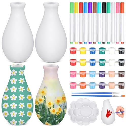 Singhoow 4 Set Paint Your Own Porcelain Paint Vase Art Craft Project White Ceramic Painting Kit for Adults Porcelain Vase Decorating Kit with Art Supplies DIY Craft Home Decor(Stylish)