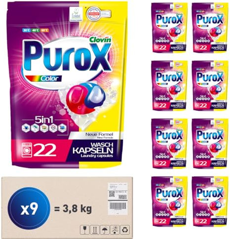 PUROX COLOR Detergente Lavadora Cápsulas (22 Lavados x9) – para ropa de color, elimina manchas, protege colores, totalmente enjuagable, ecológico, Doypack Multipack 9 Unidades