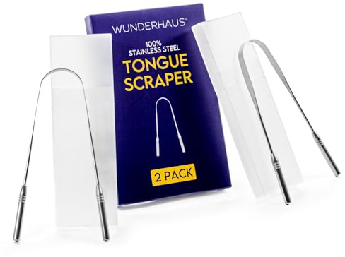 WUNDERHAUS 2 x Tongue Scraper for Adults, 100% Medical Grade 304 Stainless Steel, Includes Storage & Travel Cases, Hygienic & Safe Bad Breath Treatment, Metal Cleaners for Oral Health, Pack of 2