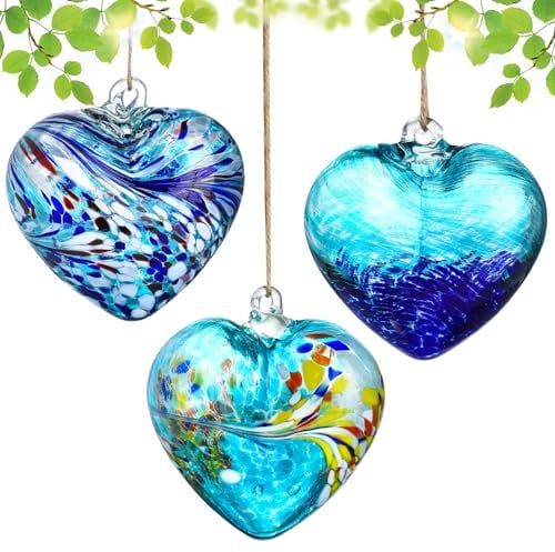 Set of 3 Handmade Heart Hanging Ornaments Blown Christmas Hanging Friendship Heart Christmas Baubles for the Home Decoration (3.9”)