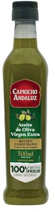CAPRICHO ANDALUZ Aceite de Oliva Virgen Extra Recién Cosechado PET Flavia de 500ml– Sabor Fresco y Auténtico, Prensado en Frío, Ideal para Cocinar y Aderezar tus Ensaladas y Comidas.