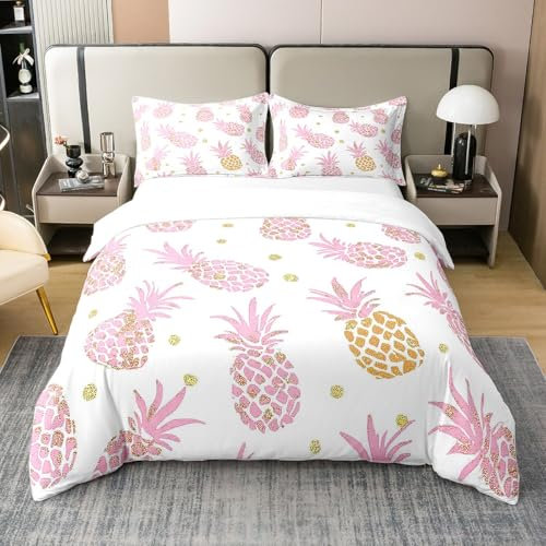 Rosa Ananas 100% Baumwolle Bettbezug 155x220 für Kinder,Cartoon Yummy Obst Bettwäsche Set für Jugendliche Erwachsene,Mädchen Neon Obst Bett Set,Köstliche Ananas Bettbezug Atmungsaktiv