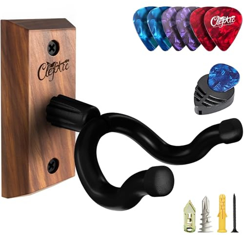 ClefArc Guitar Wall Mount - U-Shape Hardwood Guitar Hanger, Black Walnut Stand Wall Hangers, Pick Holders, Guitar Gifts for Guitarists, Guitar Accessories, with 6 Assorted Guitar Picks