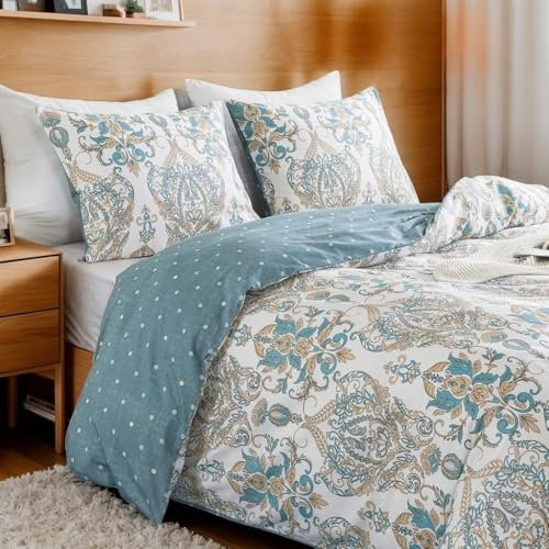 AShanlan Bettwäsche 135x200 Baumwolle Weiß mit Blau Blumen Vintage Paisley Muster Boho Bettbezug 2teilig Bohemian Style Oeko-Tex Wendebettwäsche und Blümchen Kissenbezug 80x80 cm mit Reißverschluss