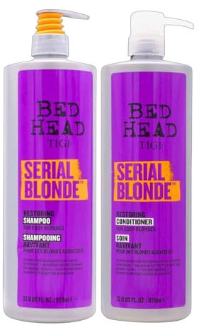 TIGI Bed Head Serial Blonde Restoring Shampoo and Conditioner Set, 970ml Each | Hydrating & Strengthening Haircare for Blonde Hair | Colour-Safe & Damage Repair | 2 x 970ml