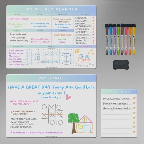 Years of Notes Magnetic Fridge Planner Set – 3 Whiteboard Organisers for Kids & Families | Weekly, Daily & Free Space Boards | Homework Planner, Chore Chart & Family Calendar with 8 Dry-Wipe Markers