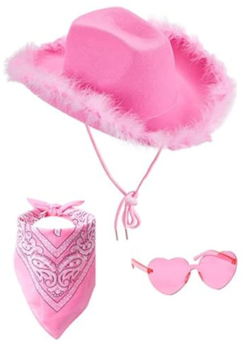 Generisch 3PCS Cowboy Kostüm Damen Cowboy Hut Rosa Cowboyhut Western Cowboy Hut Frauen Filz CowgirlHut Bandana Partybrille Accessoires Kopfbedeckung für Party Halloween Karneval Kostüm Kostümzubehör