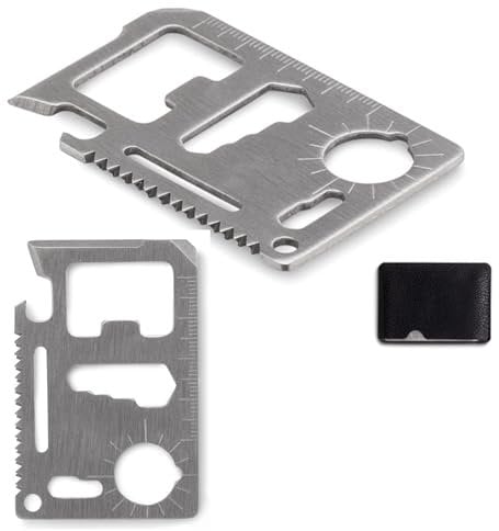 Lot de 2 cartes de crédit multifonctions 11 en 1 en acier inoxydable - Outil multifonction au format carte de crédit - Outil d'extérieur avec scie, couteau, décapsuleur - Argenté