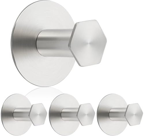 SAYAYO Self Adhesive Hooks, Strong Sticky Hook for Hanging, Stainless Steel Stick on Towel Coat Hooks for Back of Door, Bathroom, Kitchen, No-Nails, 4 Pack, Brushed
