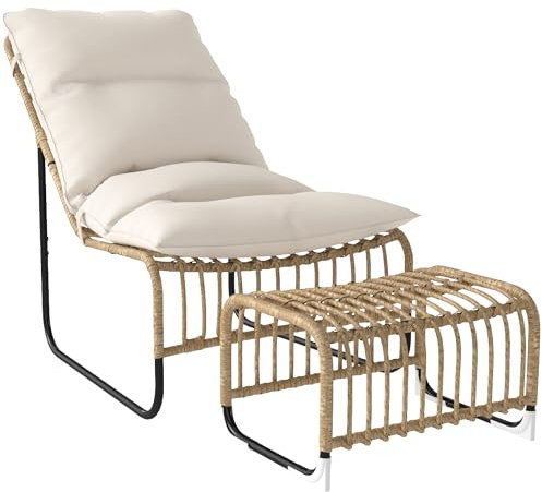 Outsunny Fauteuil de jardin en rotin avec repose-pieds - Résistant aux UV - Avec bandes de coussin - Chaise d'extérieur en rotin - Pour jardin, balcon, terrasse - Bois naturel