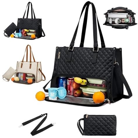 Gonggi Lunch Tote Bags with Insulated Compartments for Women, 3 in 1 Large Office Work Handbags, Laptop Bag for Girls Ladies School Travel, with Crossbody and Shoulder Strap Options (Black)