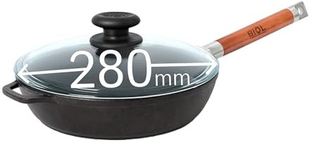 BIOL Sartén profunda de hierro fundido con tapa de vidrio resistente al calor y mango de madera desmontable, 24-26-28 cm, inducción, sartén universal para freír (Con tapa, 28 cm)