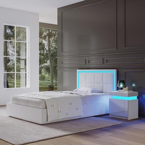 Single Size Bed Frame with Storage, Gas Lift Ottoman Bed, 3FT Bed with LED Lights, Wooden Headboard, Faux Leather (White, Single 3FT – No Mattress)