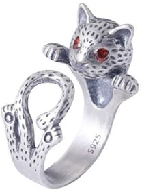 Damenring Katze Sterling Silber 925 mit roten Augen – Tierdesign