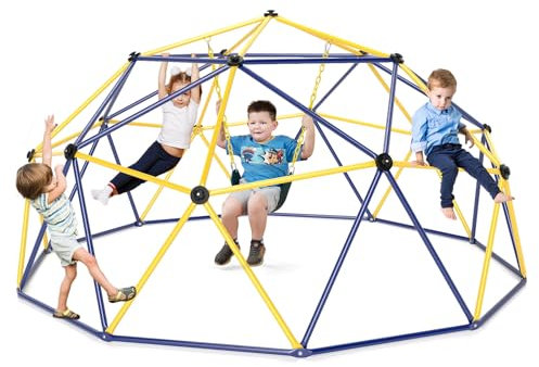 COSTWAY Kletterkuppel mit Schaukel, Ø 305cm Klettergerüst Outdoor groß, Kinder Spielplatz zum Schaukeln & Klettern, bis 363 kg Belastbar, für Kinder von 3 bis 12 Jahren (Blau + Gelb)