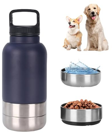 dijiusidy 3-in-1 Dog Water Bottle, Stainless Steel Insulated Puppy Water Bottle with Detachable Food Bowl and Water Bowl, Portable Dog Water Bottles for Walking, Travel, Camping (Dark Blue, 32oz)