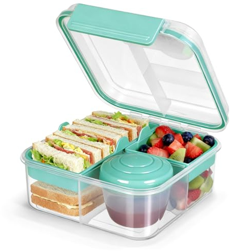 VINATO Brotdose Kinder mit Fächern, Lunchbox für Erwachsene und Kinder, Bento Box mit Tragbarem Griff, Türkis, 1.25 Liter