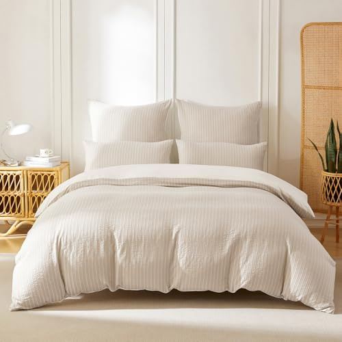 SOULFUL Housse de Couette 220x240 Coton Jacquard Rayures, Beige Rayé Linge de Lit avec Fermeture Éclair, 100% Coton Lavé, Certifié Öeko-Tex, Parure de Lit 220x240 avec 2 Taies d'oreiller 65x65 cm
