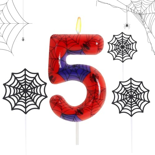 QYEHF Spinnennetz Geburtstagskerzen Zahlen,Kerze Zahlen,Geburtstag Kerzen Für Kuchen Thema Party Deko-9.2CM (Rote Zahl 5 Jahre)
