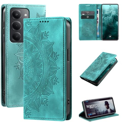 LBH Handyhülle für Xiaomi Redmi 15/15 5G Mandala Klapphülle RFID Schutz Kartenfächer Geldfach Design Cover Case Flipcase Türkis