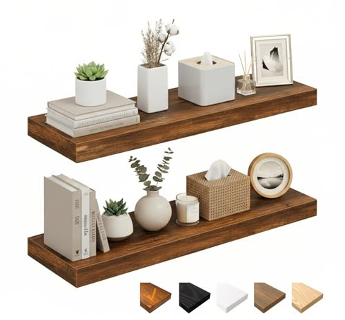 RICHER HOUSE Braun Wandregale, 60 x 23,5 x 3,8cm Wandboard MDF Holz,2er-Set | Holzregal Wand mit unsichtbaren Halterungen, Schweberegal für Schlafzimmer, Wohnzimmer, Badezimmer, Küche, Waschküche, Büro