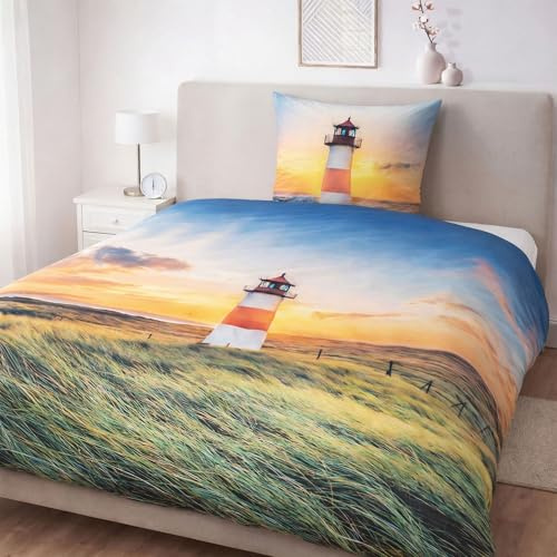 KaMel GmbH Bettwäsche 135x200 Microfaser 2-teilig Fotodruck - Set inkl. Kopfkissenbezug 80x80 - Reißverschluss, Weich & Atmungsaktiv - 100% Polyester Ganzjahresbettwäsche (Leuchtturm)