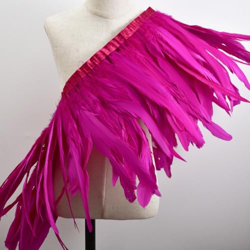 QBilooty Flecos de Plumas de Coda de Gallo con Cinta de Satén, 2 Metros Largo y 28-33cm Ancho, Plumas Naturales para Costura, Disfraces, Carnaval, Halloween, Boda y DIY Artesanía (Fucsia)