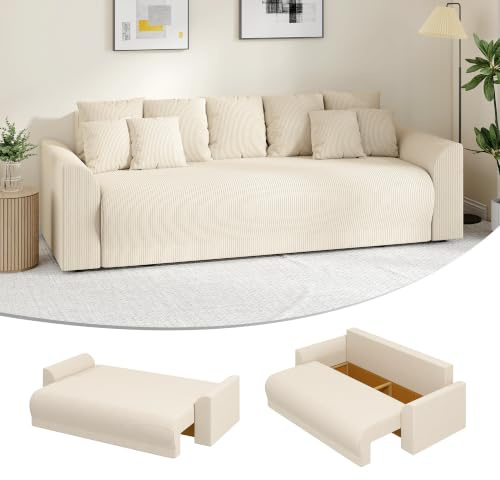 HOMCOM Schlafsofa 190x150cm 3-Sitzer mit Schlaffunktion Stauraum Beige | Schlafcouch, Breite und Tiefe Sitzfläche, 9 Kissen, Sofa, Cord-Optik, Wohnzimmer, Hergestellt in der EU