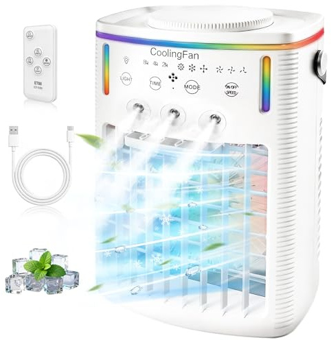 2026 New 4 IN1Portable Air Conditioner, Portable AC for Car, Portable AC for Bedroom with 3 Modes & 3 Speeds, 7-Color LED Light & Remote Control for Office, Camping & Travel(1PCS)