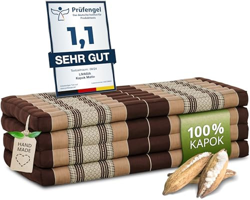 Nachhaltige Klappmatratze aus Kapok - 200x110x8cm - breite Gästematratze, Faltbare Matratze, ökologische Yogamatte, klappbares Gästebett, Liege für Garten und Balkon (Braun)