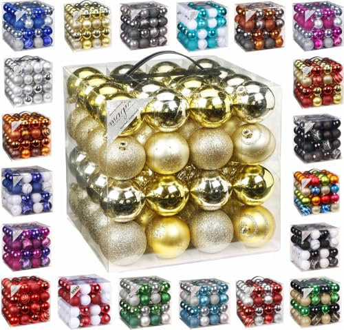 64x Kunststoff Christbaumkugeln 6cm Kugel Box Glanz Glitzer Matt Dekor Inge Glas, Farbe:Gold