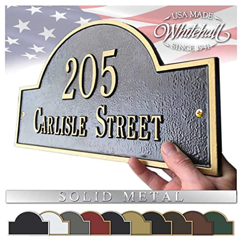 Whitehall Personalized Cast Metal Address Plaque with Arch Top. Made in the USA. Display Your Address and Street Name. Custom House Number Sign. Wall Mounted Sign. 10 Colors Available