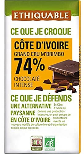 ETHIQUABLE Chocolat noir 74% cote d ivoire bio - La tablette de 100g