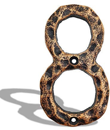 6 Inch House Address Numbers- Solid Cast Iron Metal Door Gate Number- Unique Hammer Appearance with Individual Irregular Handcraft Antique Brass Finish (Number 8)