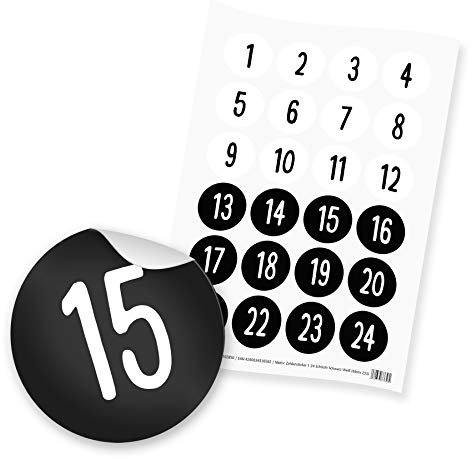 itenga 24x Sticker Zahlen Adventskalender Geschenke Aufkleber Motiv Z33 Schlicht - Ziffern von 1 bis 24 Schwarz Weiß