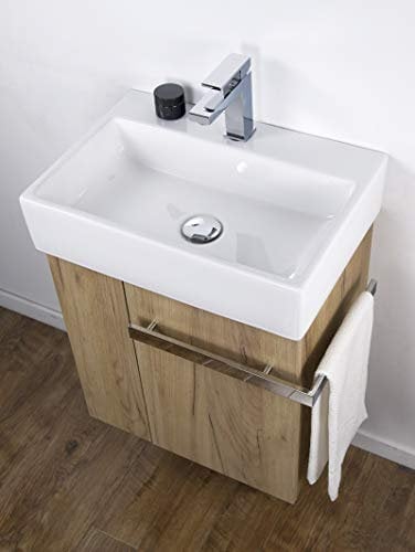 BERNSTEIN Waschbecken mit Unterschrank Kleines Badmöbel-Set Compact 500 in Eiche-Optik Waschtisch mit Schrank Gästebad Gäse-WC mit Schublade und seitlichem Ablagefach