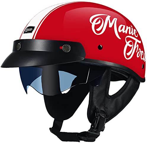 Vintage Motorrad Jethelm,offener Mopedhelm Oldtimer Halbhelme,ECE-Zulassung Halbschale Jet-Helm Roller-Helm Scooter-Helm,mit Visier,für Männer und Frauen Red,XL