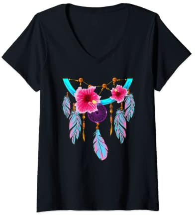 Damen indianisch amerikanische Kleidung Damen Herren: Dreamcatcher T-Shirt mit V-Ausschnitt