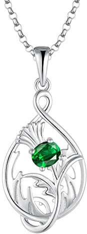JO WISDOM Damen Halskette Schottische Distel Silber 925,Kette Anhänger Schottland Blume mit 3A Zirkonia Mai Geburtsstein Smaragd Farbe Outlander Schmuck,Schmuck für Frauen