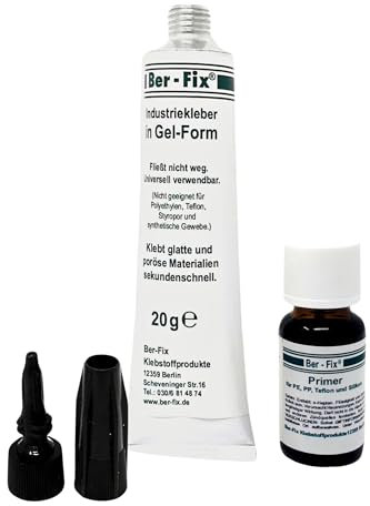 Ber-Fix Industriekleber Gel transparent 20g Sekundenkleber Gel Extra Stark nicht tropfend universal wasserfest SET | 15 ml Primer für PP PE PTFE (Teflon) Silikon PVC ABS GFK Metall Stein