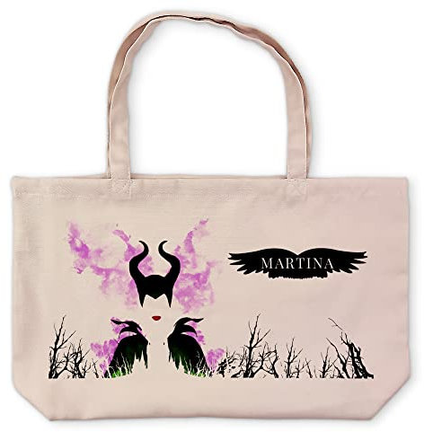 LolaPix Disney Woman Tasche. Personalisierte Leinentasche mit Name. Disney Handtasche. Tasche aus Stoff. 48x35 cm. Tragetasche. Modell Kate. MALEFICENT