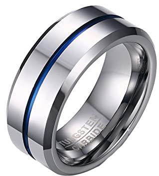Lieson Partnerringe Wolfram Silber Blau, Ehering Herren Poliert 8MM Rund Mit Linie Ring Gravur Personalisiert Größe 57 (18.1)