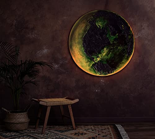 YS-Art Abstrakt Fluoreszierendes leuchtendes Acryl 3D Gemälde auf runder Leinwand Erde handgemalt Wohnzimmer modern Wohndekor Bild rot echte Kunst 100 cm