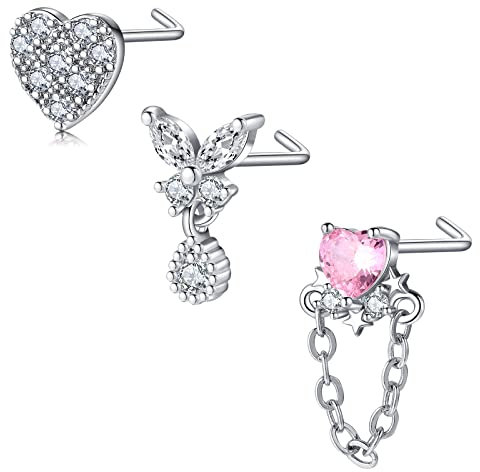Mayhoop 20G 3Stk L Förmig Nasenring Nasenstecker Chirurgenstahl Nasen Stud Strass Silber Nasenpiercing Schmuck für Frauen Männer