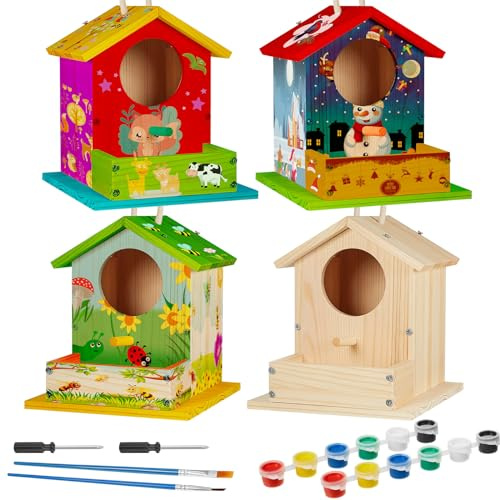 Liliful 4 Pack DIY Wooden Birdhouse Kit, Crafts for Kids and Adults, Bird House with Paint and Paintbrushes Painting Kits for Boys and Girls, Spring Birthday Classroom Gifts for Ages 4-8