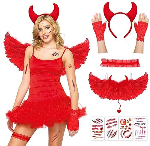 DPKOW Teufel Kostüm Damen Halloween Teufelshörner Haarreif Rot Teufel Flügel Spitzenhandschuhe und Narben Tattoos Set für Damen Halloween Kostüm Teufel Accessoire Karneval Fasching Party