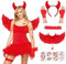 DPKOW Teufel Kostüm Damen Halloween Teufelshörner Haarreif Rot Teufel Flügel Spitzenhandschuhe und Narben Tattoos Set für Damen Halloween Kostüm Teufel Accessoire Karneval Fasching Party