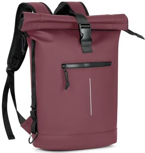 Lekeinchi Rolltop Rucksack Wasserdicht für Damen & Herren, Großer Laptop Rucksack mit Computerfach für 17 Zoll Laptop, Elegant Reiserucksack Daypack für Reisen, Radfahren, Uni Schule-Burgunderrot