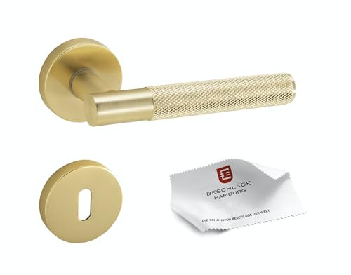 Beschläge Hamburg Türgriff Türbeschlag TITAN 07 CROSS CUT MM BB — Türklinke mit Diamant Cut und Buntbart Rosetten für Zimmertüren — ø51 mm rund, Türdrücker für Innentüren in messingfarben matt MM