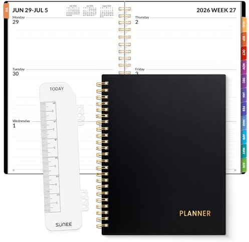 SUNEE Academic Planner 2026-2027 – Weekly & Monthly Planner, July 2026 to June 2027, 6.4x8.3, Thick Paper, Tabs, Pockets, Bookmark, Spiral-Bound, Student Teacher Organizer, Black